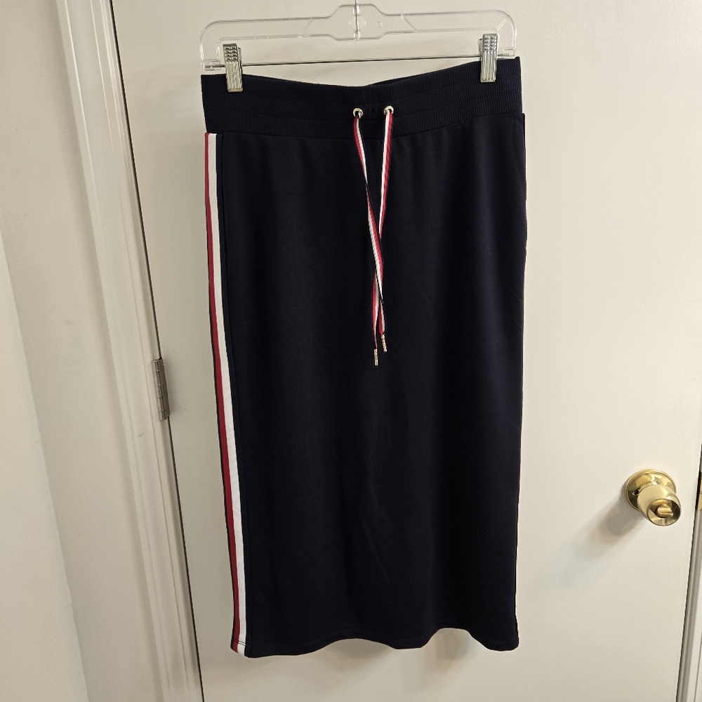 Tommy Hilfiger Midi Skirt, Navy with Red and White Stripes, Size S
